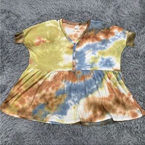 7th Ray Women’s Tie Dye Oversized Waffle Knit Babydoll Peplum Blouse Top Medium